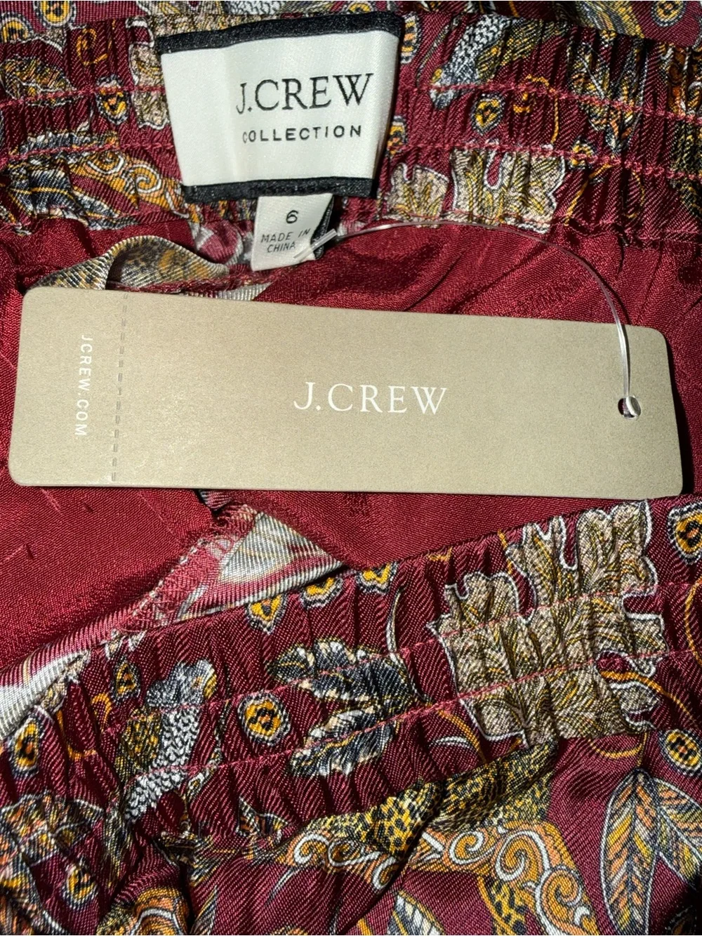 J.Crew Collection Silk Twill Pull-On Pants Jungle Cat Floral Burgundy Size 6 NWT